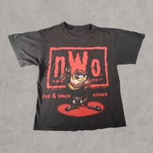 Vintage 1998 WCW nWo Taz Red & Black Attack Kids T-Shirt Black 90s Wrestling Tee